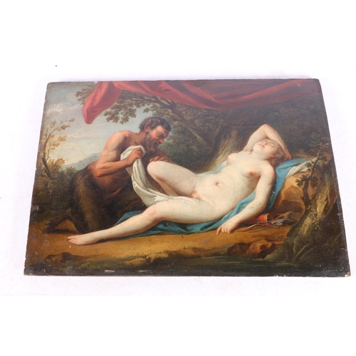 20E - Antique oil painting on wood panel depicting a pervert satyr, unsigned, 19cm x 26cm.