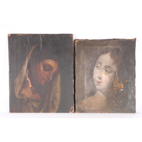 20F - Two antique oil painting on canvas, head of Madonna 34cm x 27cm and head of a young lady 32cm x 25cm... 