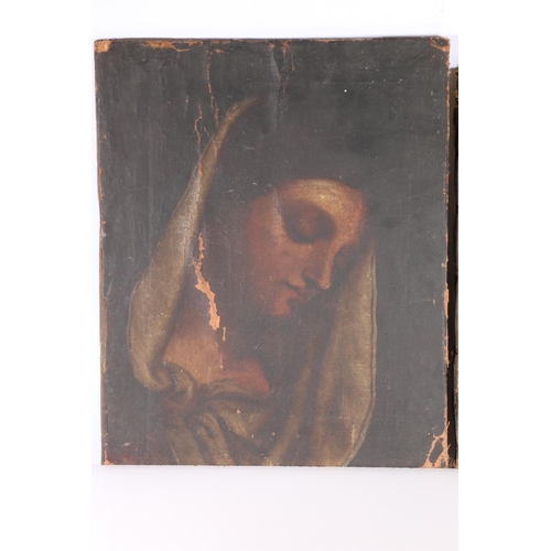 20F - Two antique oil painting on canvas, head of Madonna 34cm x 27cm and head of a young lady 32cm x 25cm... 