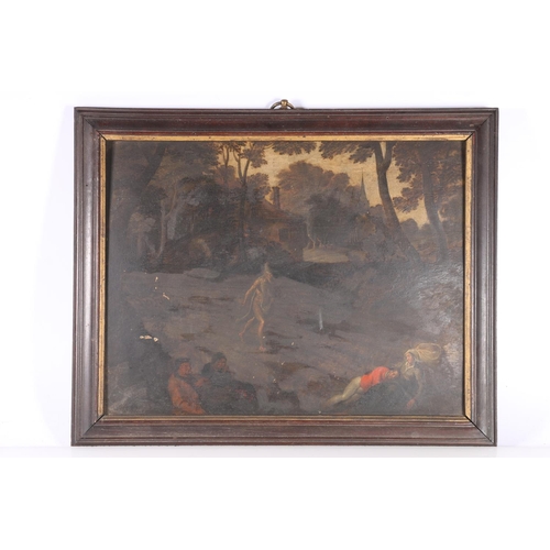 20H - 19TH CENTURY SCHOOL Ghostly figure running through a woodland before a town Oil on wood panel, unsig... 