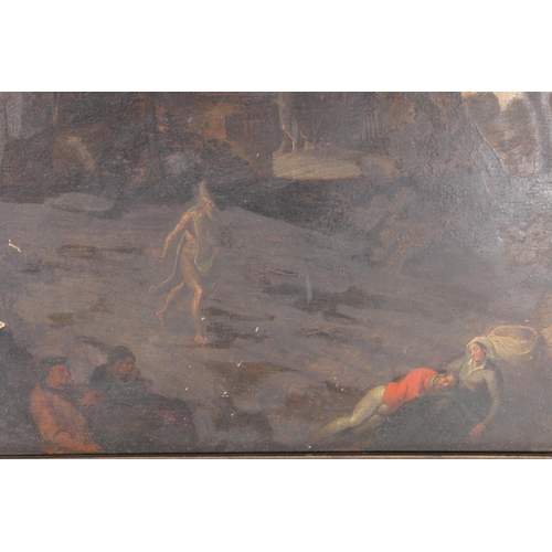 20H - 19TH CENTURY SCHOOL Ghostly figure running through a woodland before a town Oil on wood panel, unsig... 