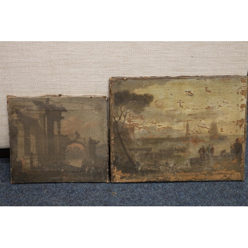 20K - Two antique oil paintings, one of figures by the harbour 38cm x 50cm and one of temple ruins, 31cm x... 