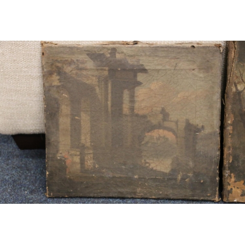 20K - Two antique oil paintings, one of figures by the harbour 38cm x 50cm and one of temple ruins, 31cm x... 