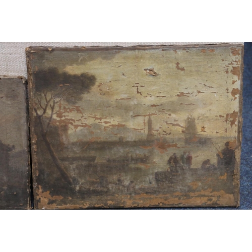 20K - Two antique oil paintings, one of figures by the harbour 38cm x 50cm and one of temple ruins, 31cm x... 