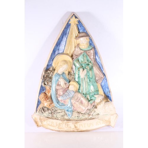 220 - Italian maiolica style wall plaque with Christmas scene of Mary and baby Jesus, 41cm tall. (af)