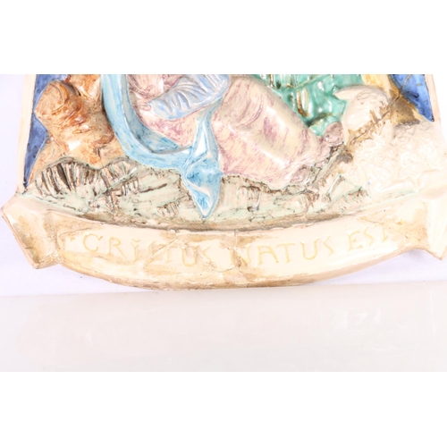 220 - Italian maiolica style wall plaque with Christmas scene of Mary and baby Jesus, 41cm tall. (af)