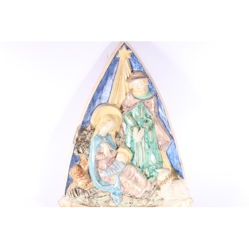 220 - Italian maiolica style wall plaque with Christmas scene of Mary and baby Jesus, 41cm tall. (af)