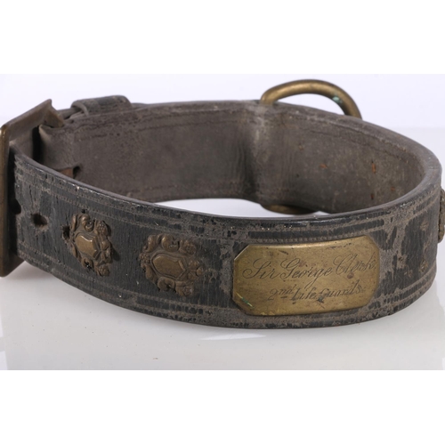 359 - Large Victorian? black leather dog collar with brass fittings and plaque 'Sir George Clerk 2nd Lifeg... 