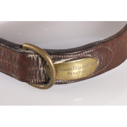 360 - Victorian? brown leather dog collar with brass fittings and plaque 'Sir George D Clerk Penicuik'.