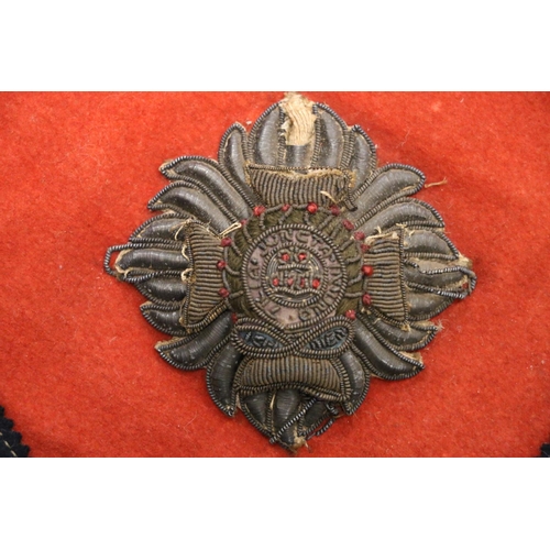 366 - Two Scottish Regimental bullion wire crests on black velvet panels, 50cm x 50cm, and two British Arm... 