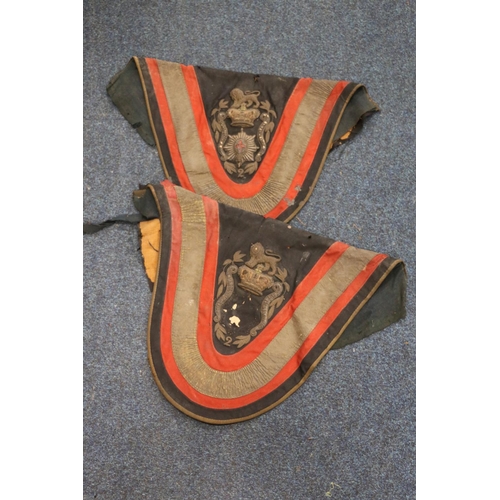 367 - Two British Army black cloth panels with bullion wire crest, with banners Peninsular and Waterloo, 7... 