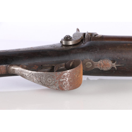 370 - 19th century side by side percussion cap muzzle loading shotgun, the stock with white metal fittings... 