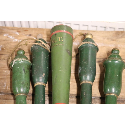 374 - Green painted metal sceptre case, 63cm long, and four green painted wooden batons, 55cm long.