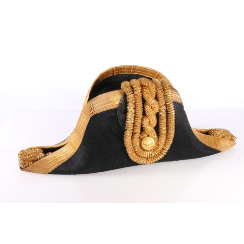 378 - Gieves Ltd of London and Edinburgh naval bicorn hat, bullion wire trim, in original black metal hat ... 