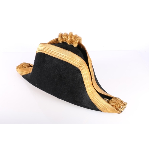 378 - Gieves Ltd of London and Edinburgh naval bicorn hat, bullion wire trim, in original black metal hat ... 