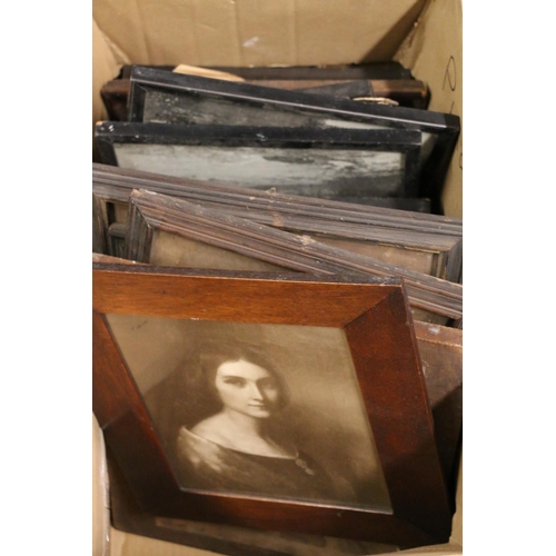 381 - Box containing photographic prints in mahogany and ebonised frames, a 19th century drawing, and prin... 