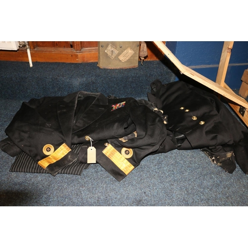 385 - British Naval Officers long coat, a British Naval Reservist jacket, with bullion wire insignia for t... 