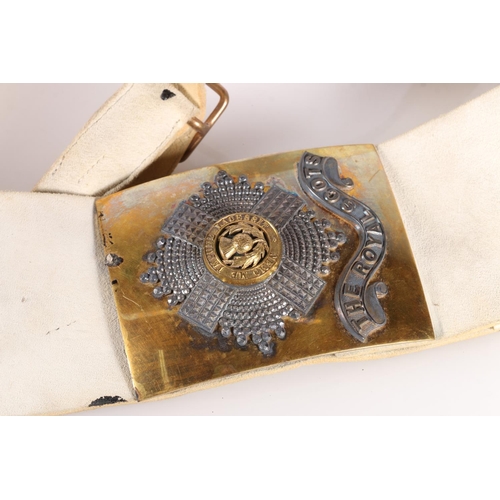 393 - Royal Scots shoulder belt plate on white leather belt.