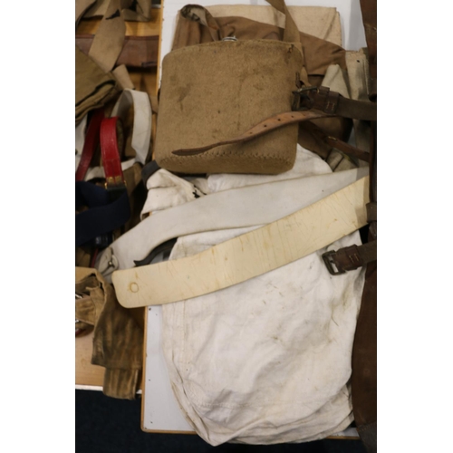 398 - Group of leather cartridge belts, cloth covered water bottle, Aldershot leather and brass coat stand... 