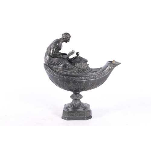 43 - Wedgwood black basalt oil lamp in the form of an Aladdin lamp with figure reading surmount, 23cm tal... 