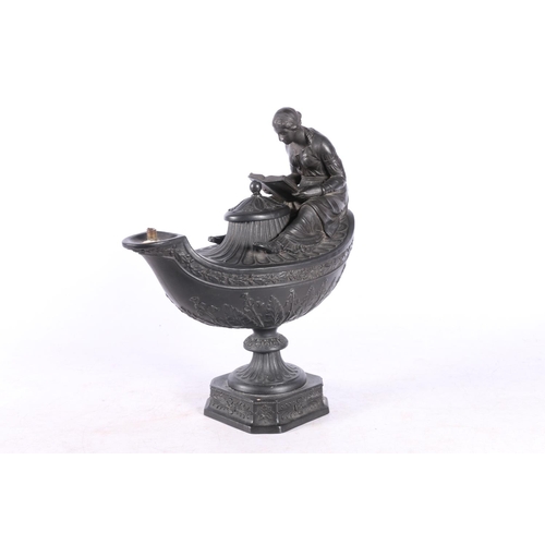 43 - Wedgwood black basalt oil lamp in the form of an Aladdin lamp with figure reading surmount, 23cm tal... 