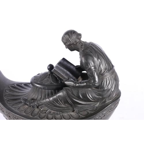 43 - Wedgwood black basalt oil lamp in the form of an Aladdin lamp with figure reading surmount, 23cm tal... 