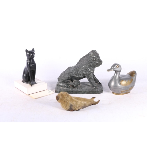 80 - Italian grand tour carved serpentine model of a boar, an Egyptian cat model, seal paperweight and a ... 