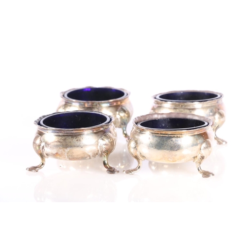 81 - Set of four Georgian silver salts raised on three support with pad feet, marks rubbed, 332g without ... 