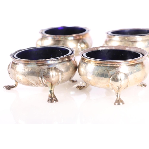 81 - Set of four Georgian silver salts raised on three support with pad feet, marks rubbed, 332g without ... 