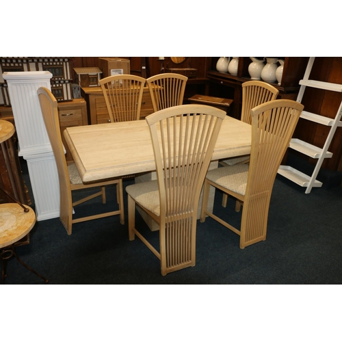 420 - Contemporary marble topped dining table and set of six fan back chairs.