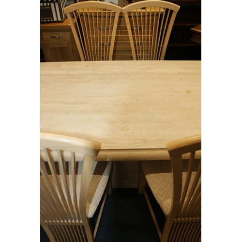 420 - Contemporary marble topped dining table and set of six fan back chairs.