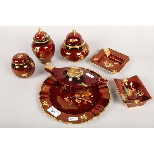 23 - Carlton ware, 'Rouge Royale' including, lighter in the form of a lamp, ashtrays, ginger jars (7)