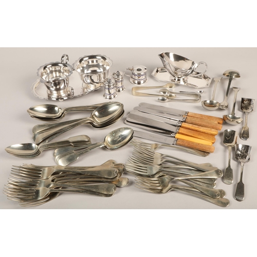 357 - Assorted silver plated cutlery to include forks, spoons, small trays, sauce boats, etc