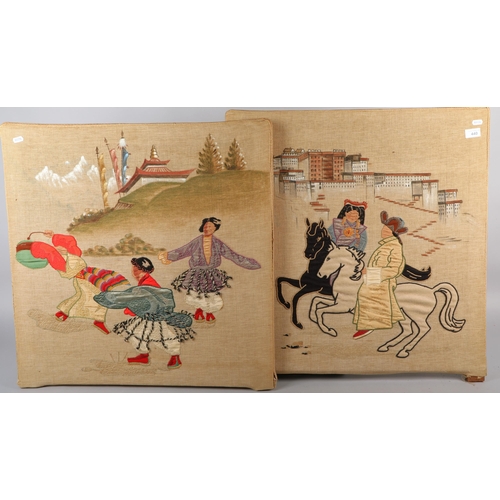 440 - Two canvas needlework pictures depicting Oriental scenes with figures in relief, both measure 67cm x... 