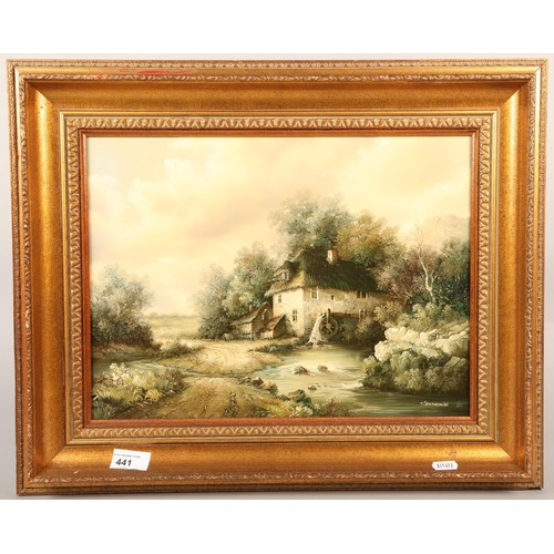 441 - T. Sheinbein, rural scene depicting farmhouse and stream, oil on board, 40cm x 30cm (55cm x 45cm inc... 