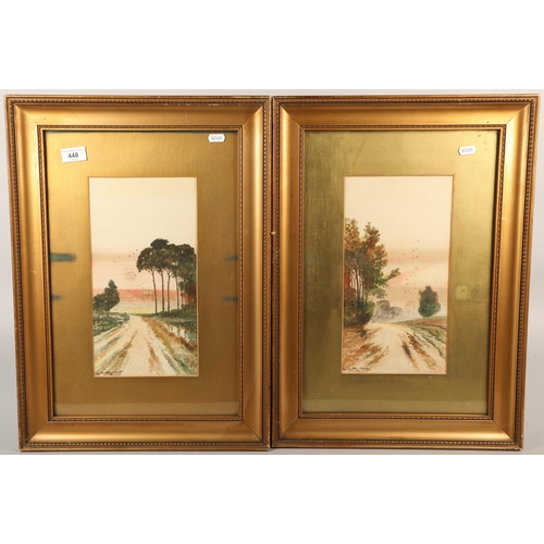 448 - Illegible signature, two paintings depicting rural landscape scene with birds, watercolour on paper,... 