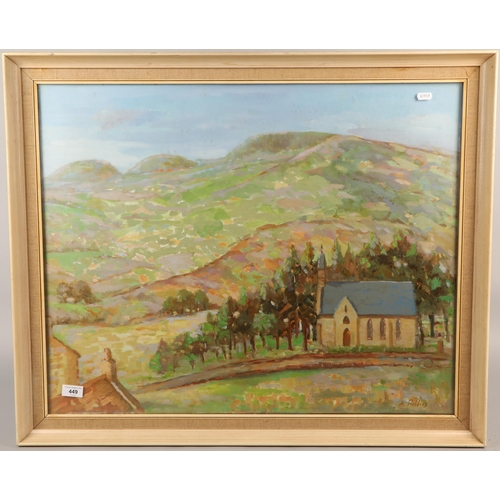 449 - Illegible signature, picture depicting church among hills and rural landscape, oil on board, 75cm x ... 