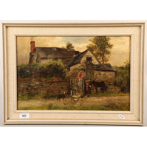 453 - Framed picture depicting farmhouse, human and animal subjects; oil on canvas; rear of canvas marked ... 