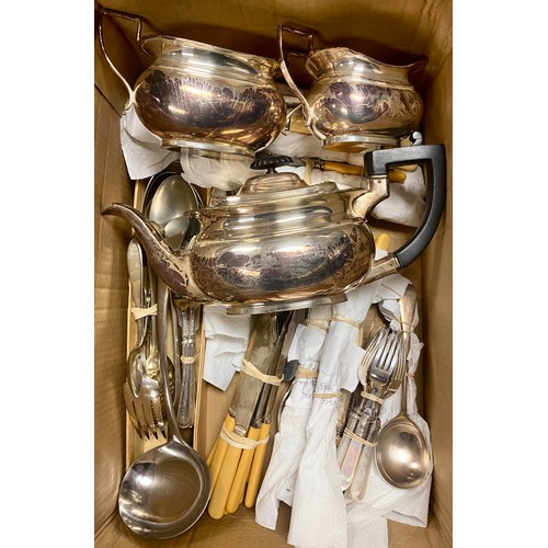 348 - Box containing silver plated cutlery, teapot, gravy boat, etc