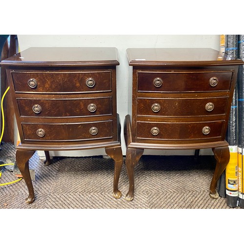 483 - Pair of walnut three-drawer bedside chests