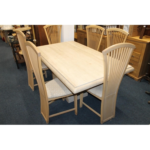 420 - Contemporary marble topped dining table and set of six fan back chairs.