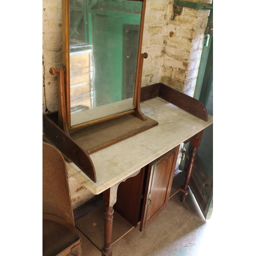 239A - Mahogany washstand with marble top and gallery back 112w x 56d and a pine dressing glass.