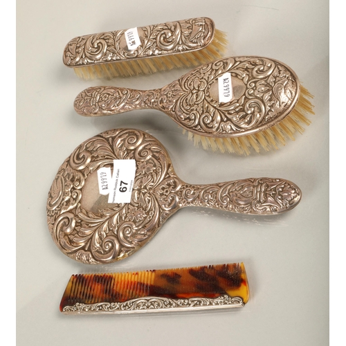 67 - Silver hairbrush, silver comb, silver hand mirror and silver shoe brush (total weight: 546.7g)