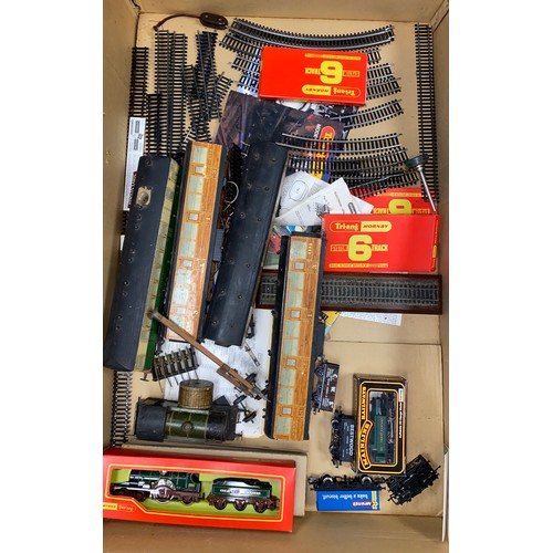 376 - Box containing a variety of model trains, model train set equipment, associated accessories, etc