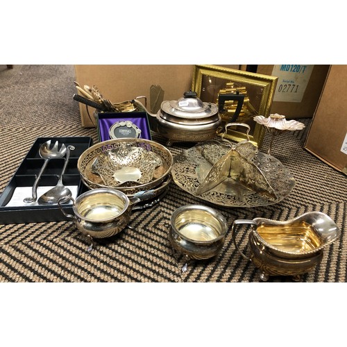 365 - Box containing mostly silver plated ware such as teapots, trays, cake stands, etc 