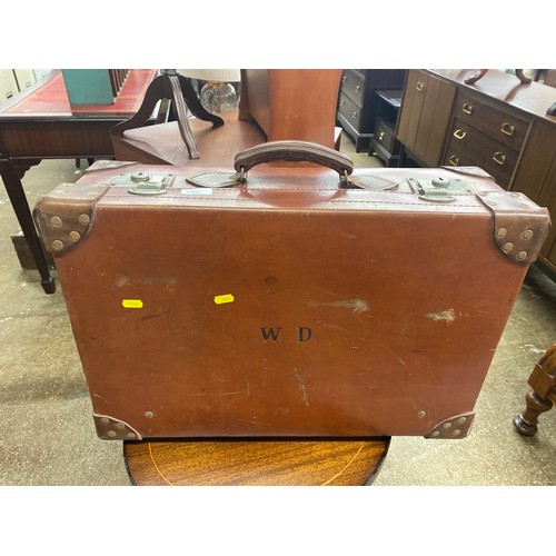 592 - Vintage leather suitcase with initials W.D on the side