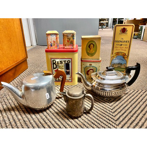 386 - Miscellaneous ephemera to include silver plated teapots, cutlery, vintage Bisto tin, Glenlivet 12 ye... 