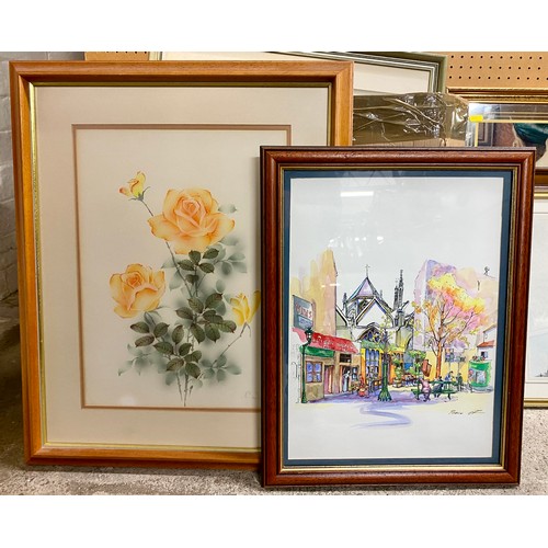 442 - Large collection of framed pictures to include pictures of floral, musical & Parisian interest, ... 