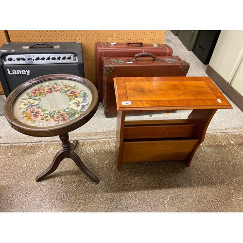 595 - Magazine rack, wine table with embroidered top (2)