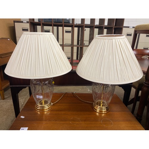 597 - Pair of glass and brass table lamps (2)